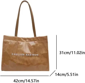 Women Fashion Shoulder Bag Large Capacity Trendy Tote Handbag Letters Print Stylish Shoulder Purse Solid Color PVC Commuting Bag (Light Brown)