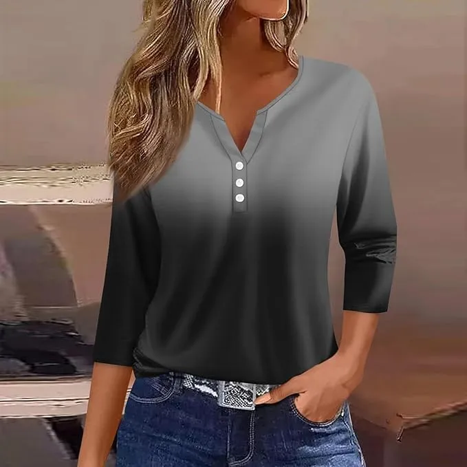 Women Henley Neck Tops 3/4 Length Sleeve V Neck Button Down T Shirts Plus Size Fashion 2024 Tunic Elbow Sleeve Print Blouse