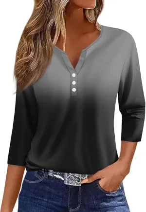 Women Henley Neck Tops 3/4 Length Sleeve V Neck Button Down T Shirts Plus Size Fashion 2024 Tunic Elbow Sleeve Print Blouse