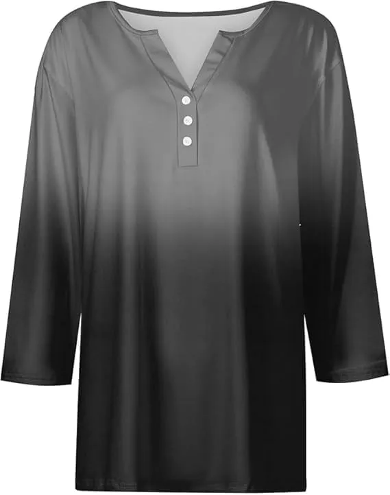 Women Henley Neck Tops 3/4 Length Sleeve V Neck Button Down T Shirts Plus Size Fashion 2024 Tunic Elbow Sleeve Print Blouse