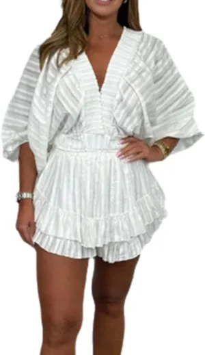 Women Matching Short Sets V-Neck Batwing sleeve Crop Top and Skort Shorts Summer Plus Size Outfits Daily Wear