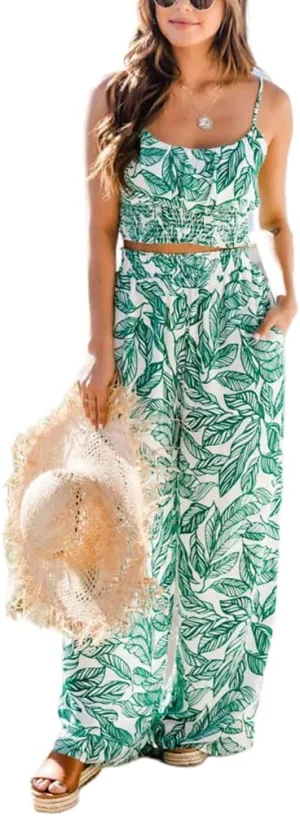 Women Sexy Two Piece Outfits Floral Print Strap Crop Top and Wide Leg Long Pants Set Summer Outfits Daily Wear