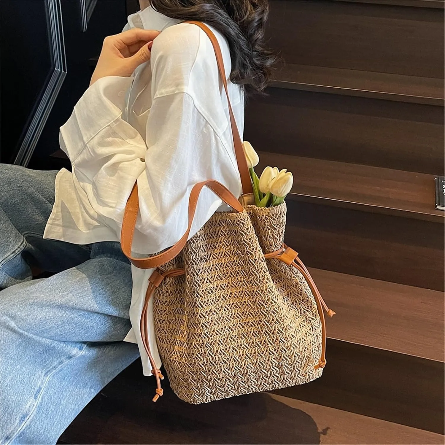 Women Stylish Knit Shoulder Large Capacity Drawstring Armpit Pleated Handbag Travel Shopping Beach Bag