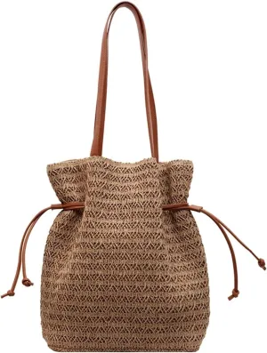 Women Stylish Knit Shoulder Large Capacity Drawstring Armpit Pleated Handbag Travel Shopping Beach Bag