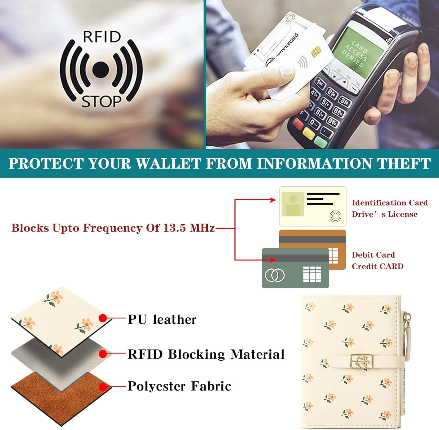 Women Wallet RFID Blocking Small Compact Bifold Floral Print Leather Card Holder Wallet Ladies Mini Purse with Zipper Coin Pocket