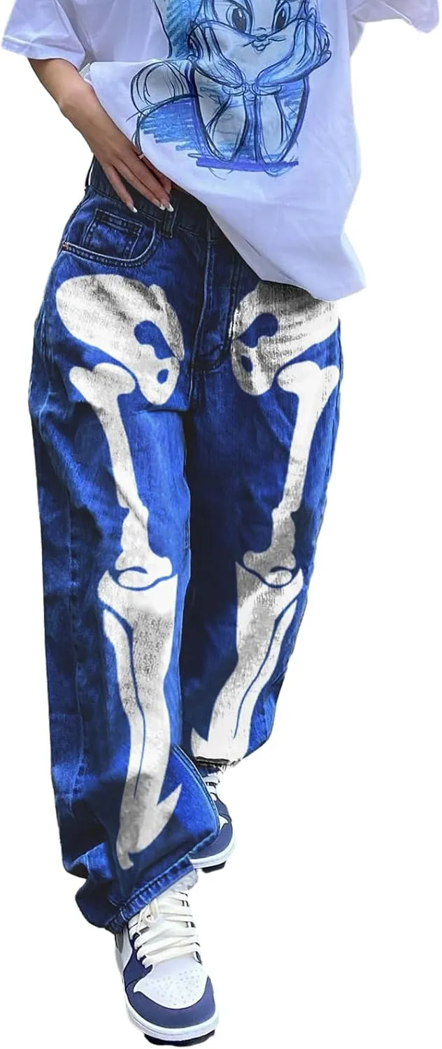 Women Y2K Baggy Jeans Star Print High Waist Wide Leg Denim Pants Vintage 90s Straight Leg Distressed Grunge Trousers