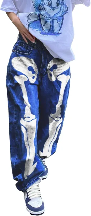 Women Y2K Baggy Jeans Star Print High Waist Wide Leg Denim Pants Vintage 90s Straight Leg Distressed Grunge Trousers
