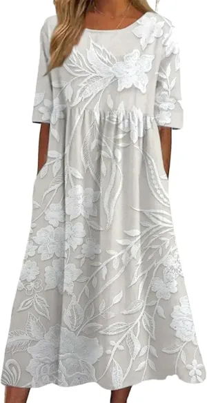 Womens 2025 Fashion Outfits Plant Print Side Pocket Midi Dress Stylish V Neck Midi Dress