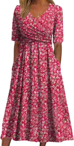 Womens 2025 Fashion Outfits Plant Print Side Pocket Midi Dress Stylish V Neck Midi Dress