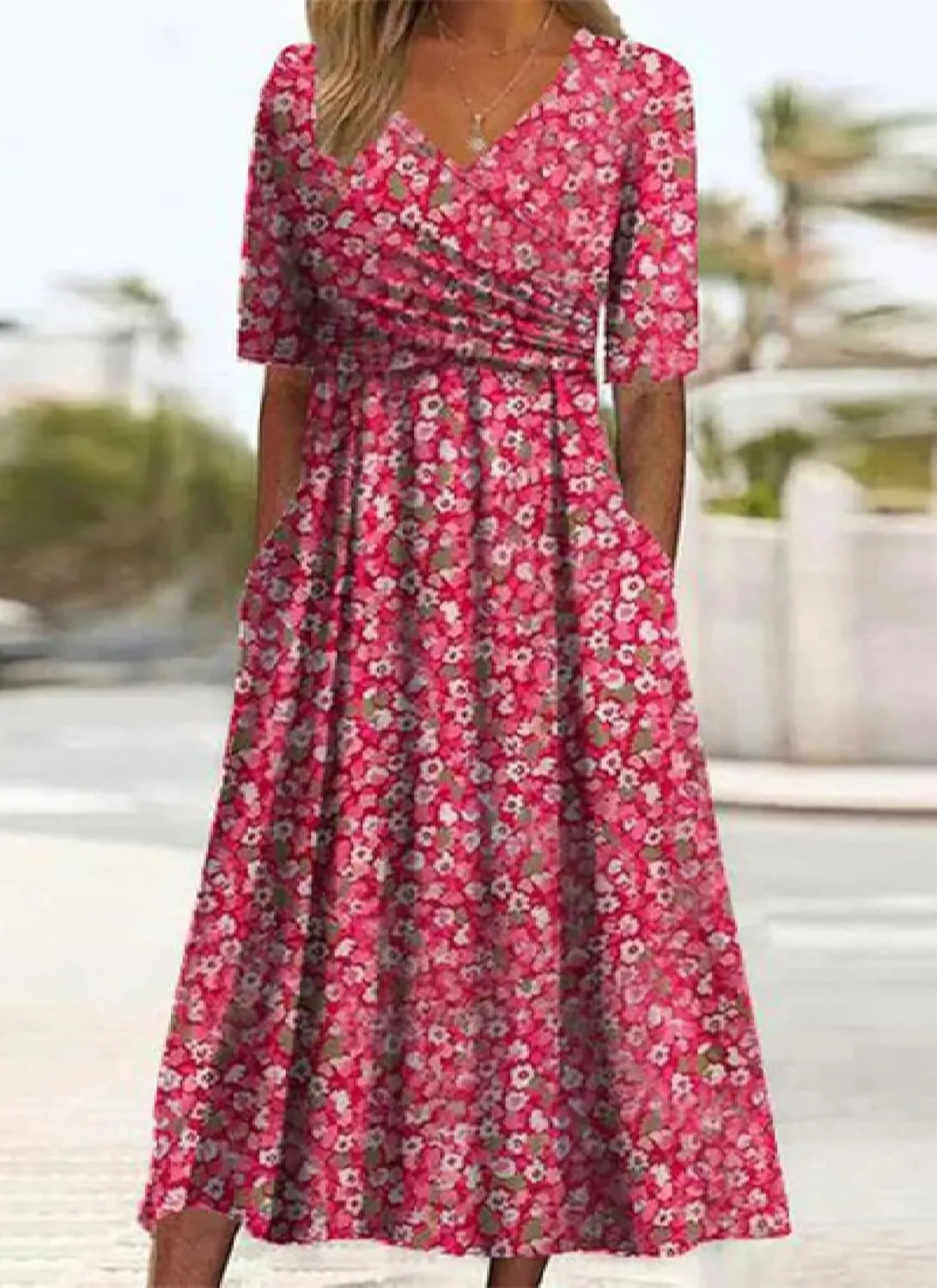 Womens 2025 Fashion Outfits Plant Print Side Pocket Midi Dress Stylish V Neck Midi Dress