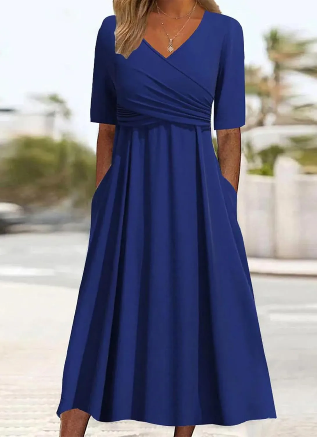 Womens 2025 Fashion Outfits Plant Print Side Pocket Midi Dress Stylish V Neck Midi Dress