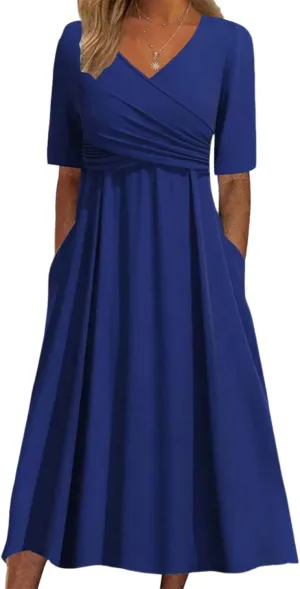 Womens 2025 Fashion Outfits Plant Print Side Pocket Midi Dress Stylish V Neck Midi Dress