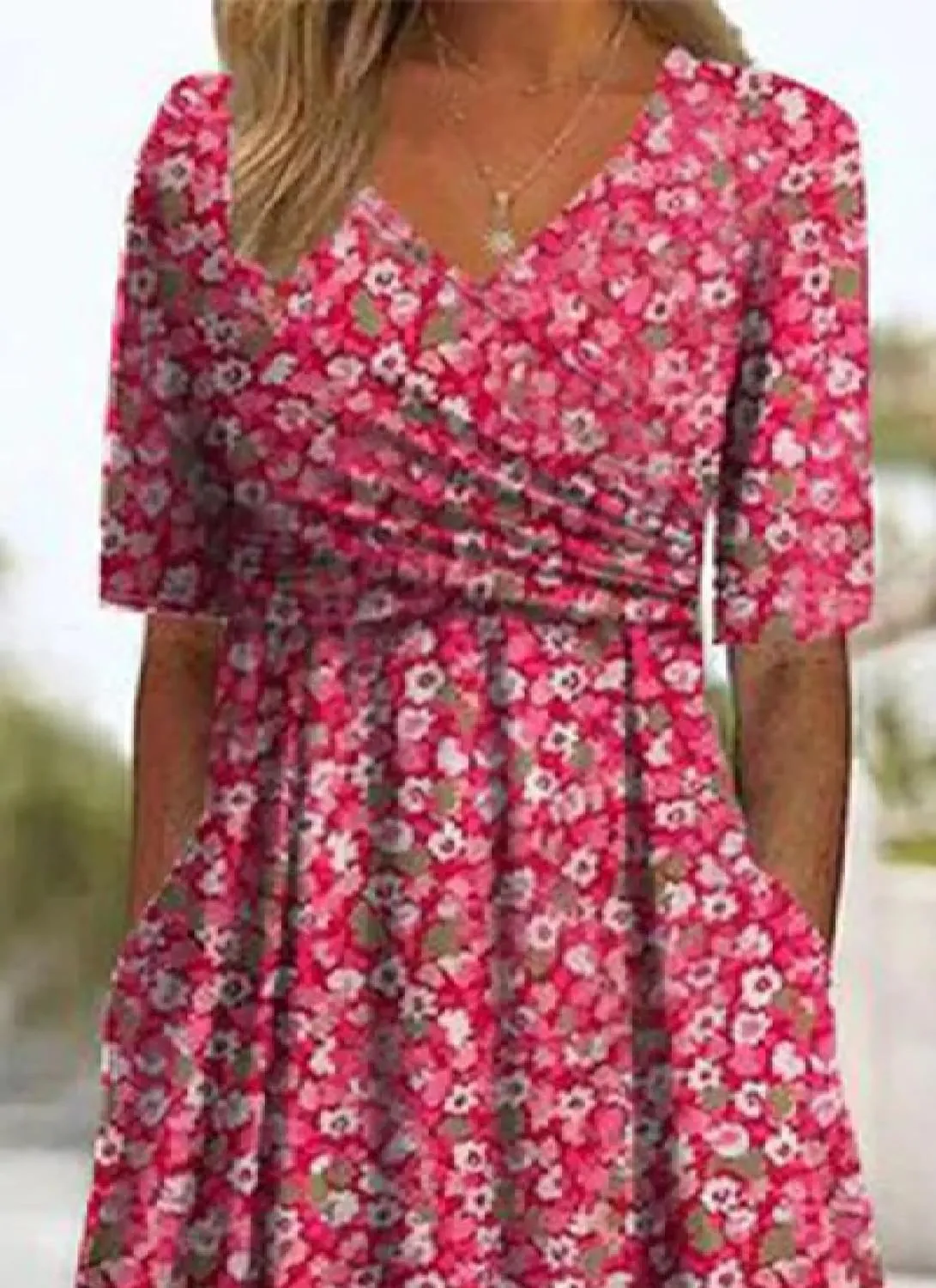Womens 2025 Fashion Outfits Plant Print Side Pocket Midi Dress Stylish V Neck Midi Dress