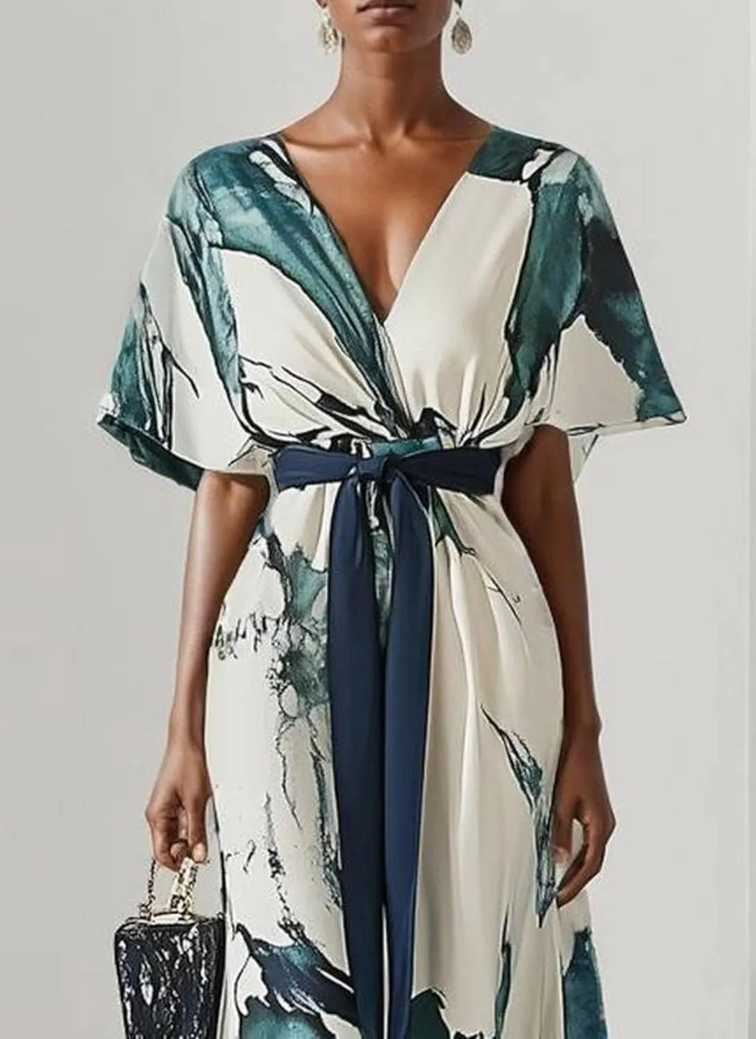 Womens Abstract Print V-Neck Maxi Dress 2025 Summer Stylish Flowy Wide Sleeve Beach Party Dress