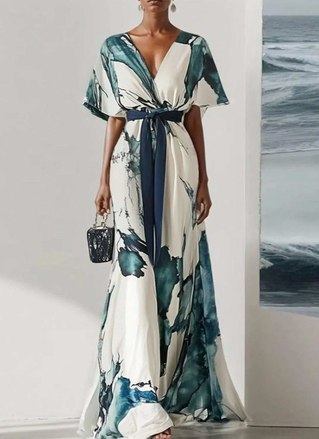Womens Abstract Print V-Neck Maxi Dress 2025 Summer Stylish Flowy Wide Sleeve Beach Party Dress