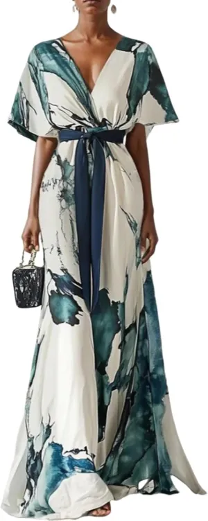 Womens Abstract Print V-Neck Maxi Dress 2025 Summer Stylish Flowy Wide Sleeve Beach Party Dress