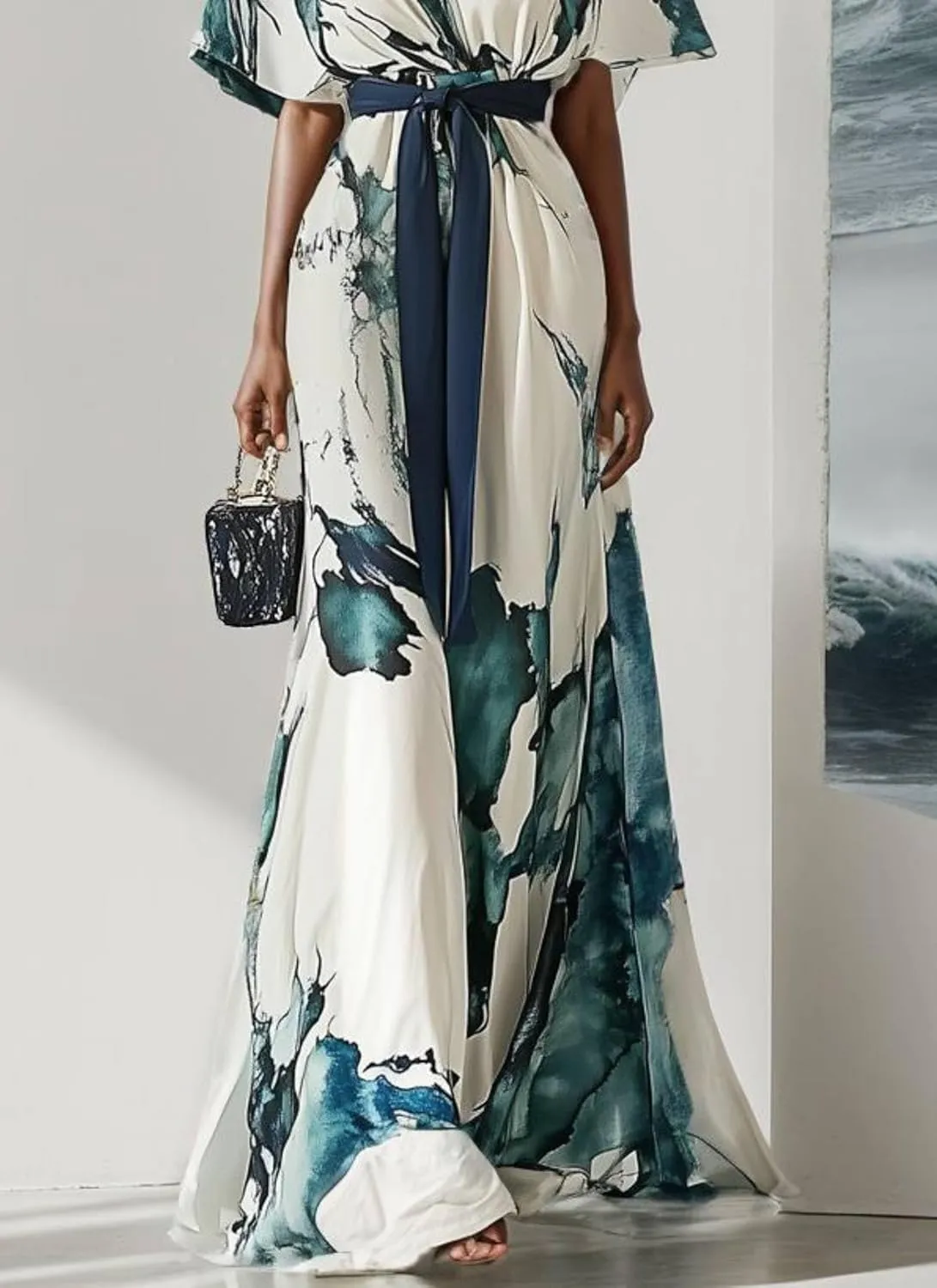 Womens Abstract Print V-Neck Maxi Dress 2025 Summer Stylish Flowy Wide Sleeve Beach Party Dress