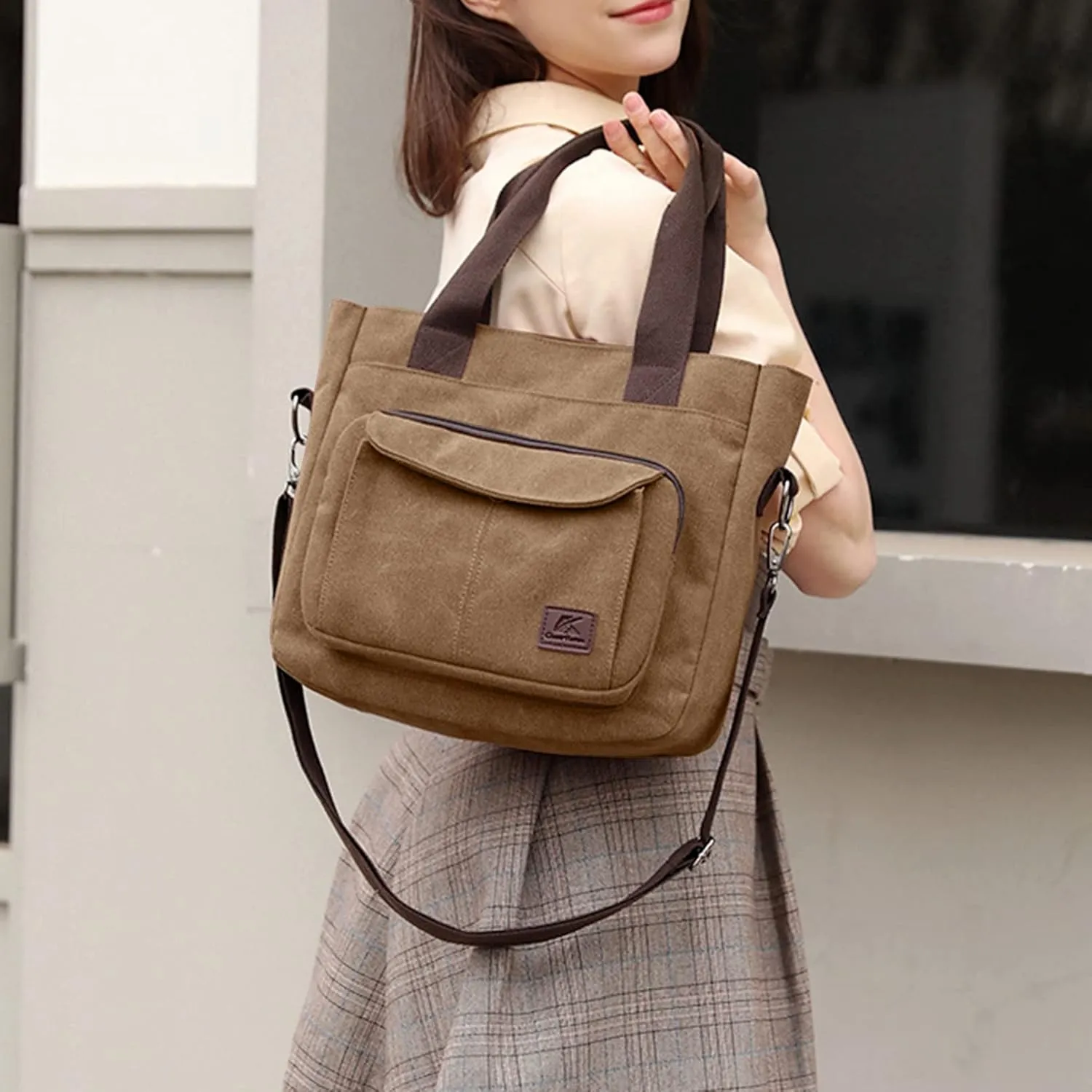 Women's Canvas Top Handle Handbag Stylish Multi-pocket Shoulder Tote Purse Work Crossbody Bags (Grey) One Size