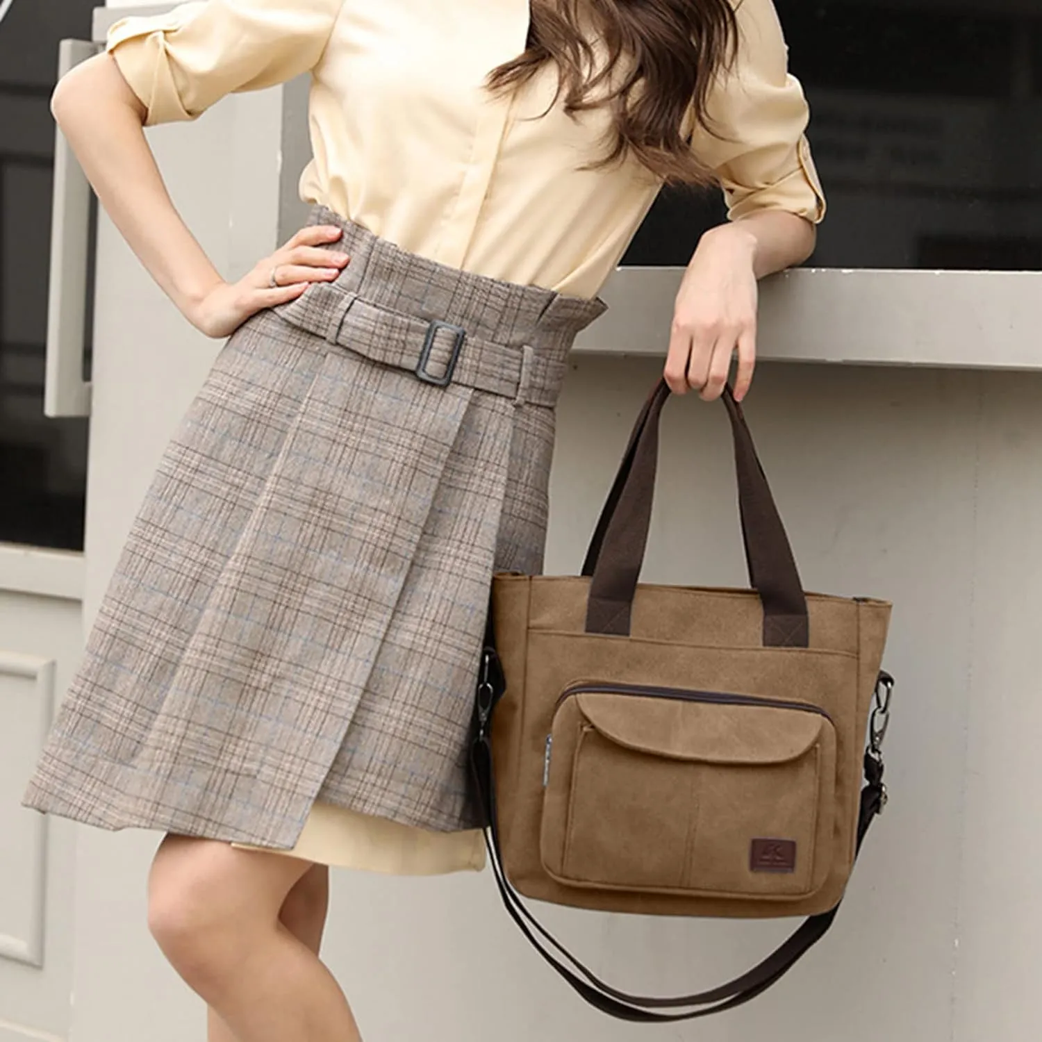 Women's Canvas Top Handle Handbag Stylish Multi-pocket Shoulder Tote Purse Work Crossbody Bags (Grey) One Size