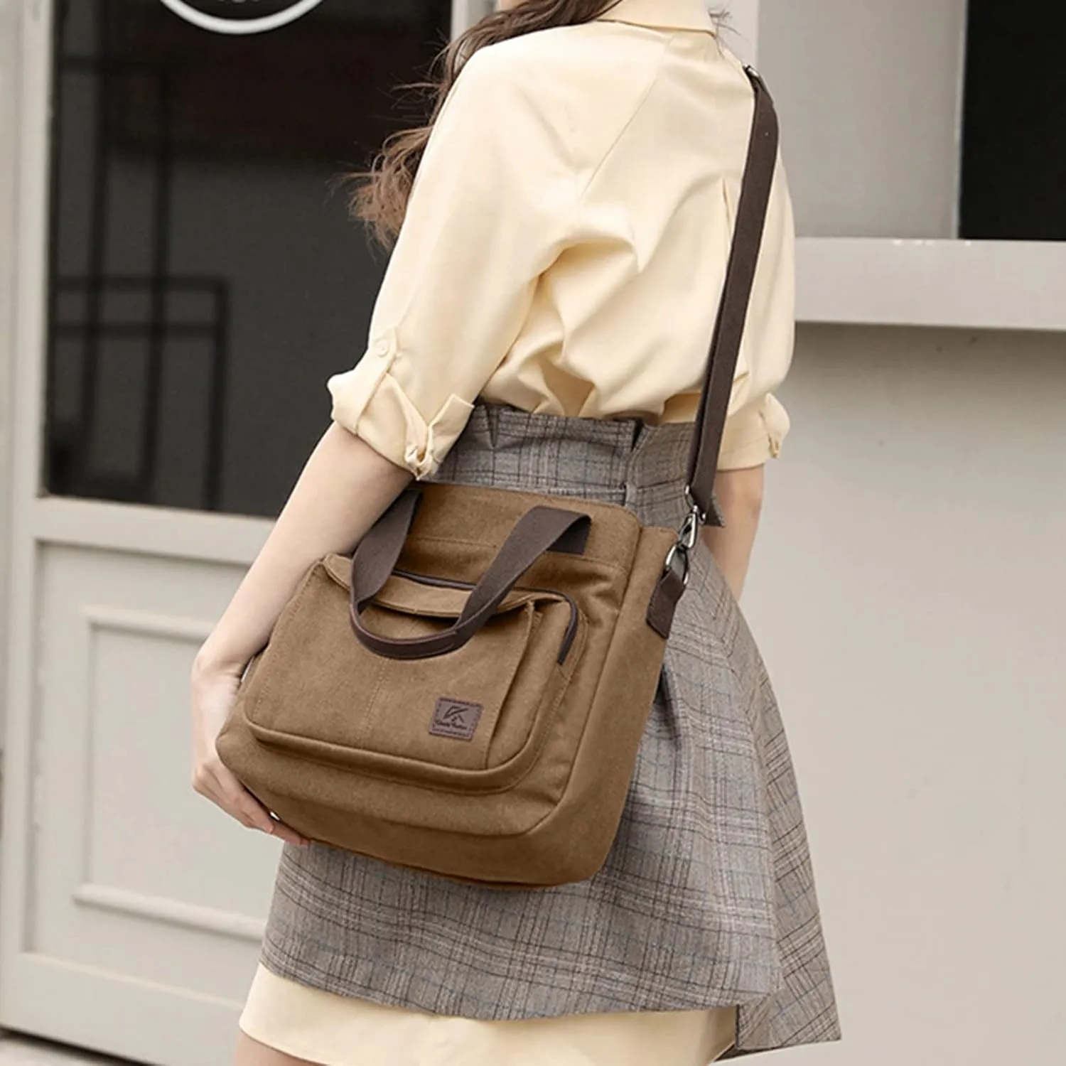 Women's Canvas Top Handle Handbag Stylish Multi-pocket Shoulder Tote Purse Work Crossbody Bags (Grey) One Size