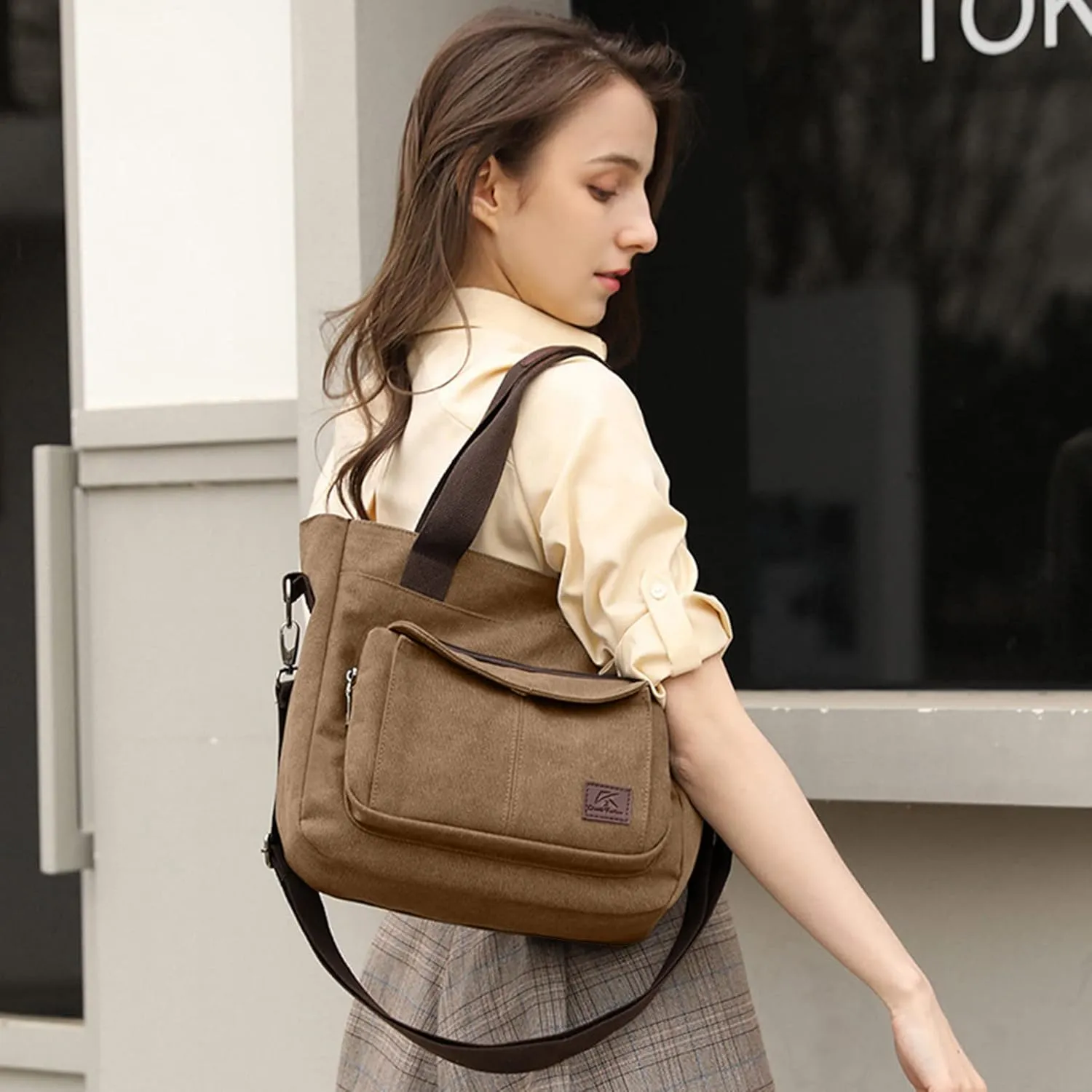 Women's Canvas Top Handle Handbag Stylish Multi-pocket Shoulder Tote Purse Work Crossbody Bags (Grey) One Size