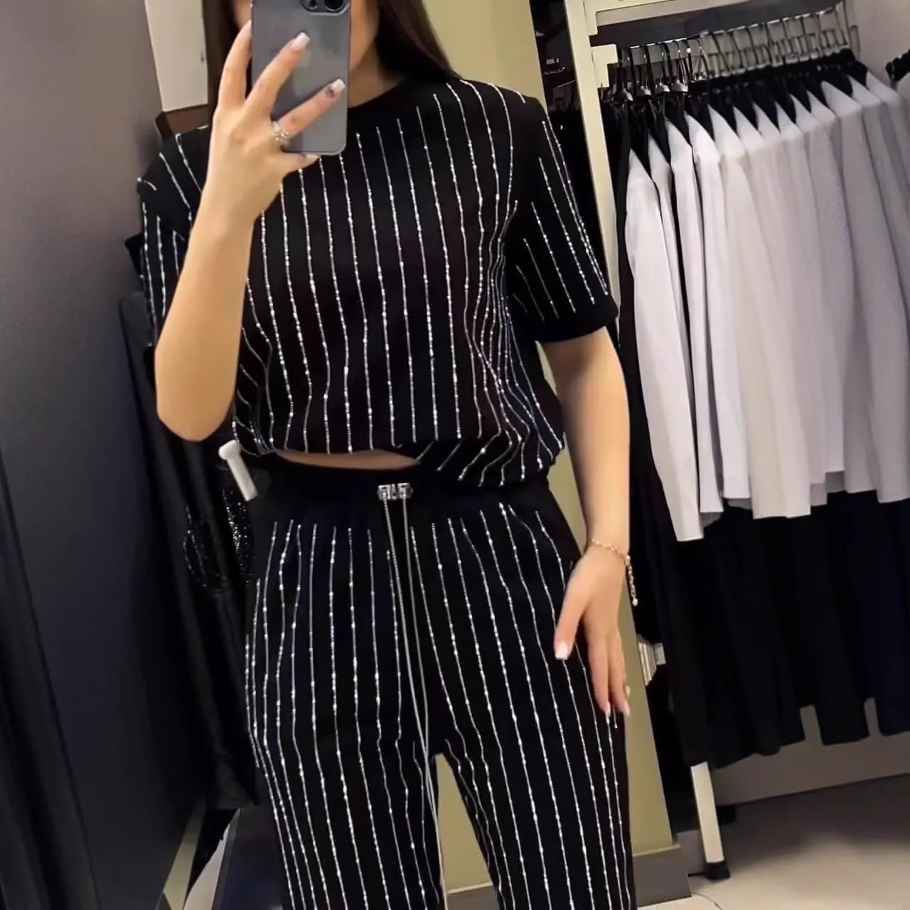 Women's Casual Solid Color Round Neck Hot Diamond Short Sleeve Two-piece Suit,2 Piece Wide Leg Pants Set for Women