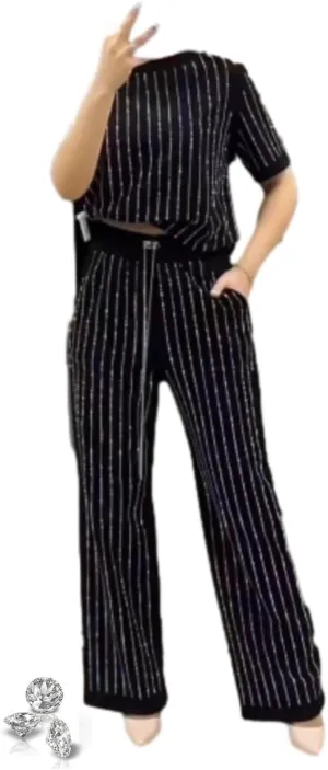 Women's Casual Solid Color Round Neck Hot Diamond Short Sleeve Two-piece Suit,2 Piece Wide Leg Pants Set for Women