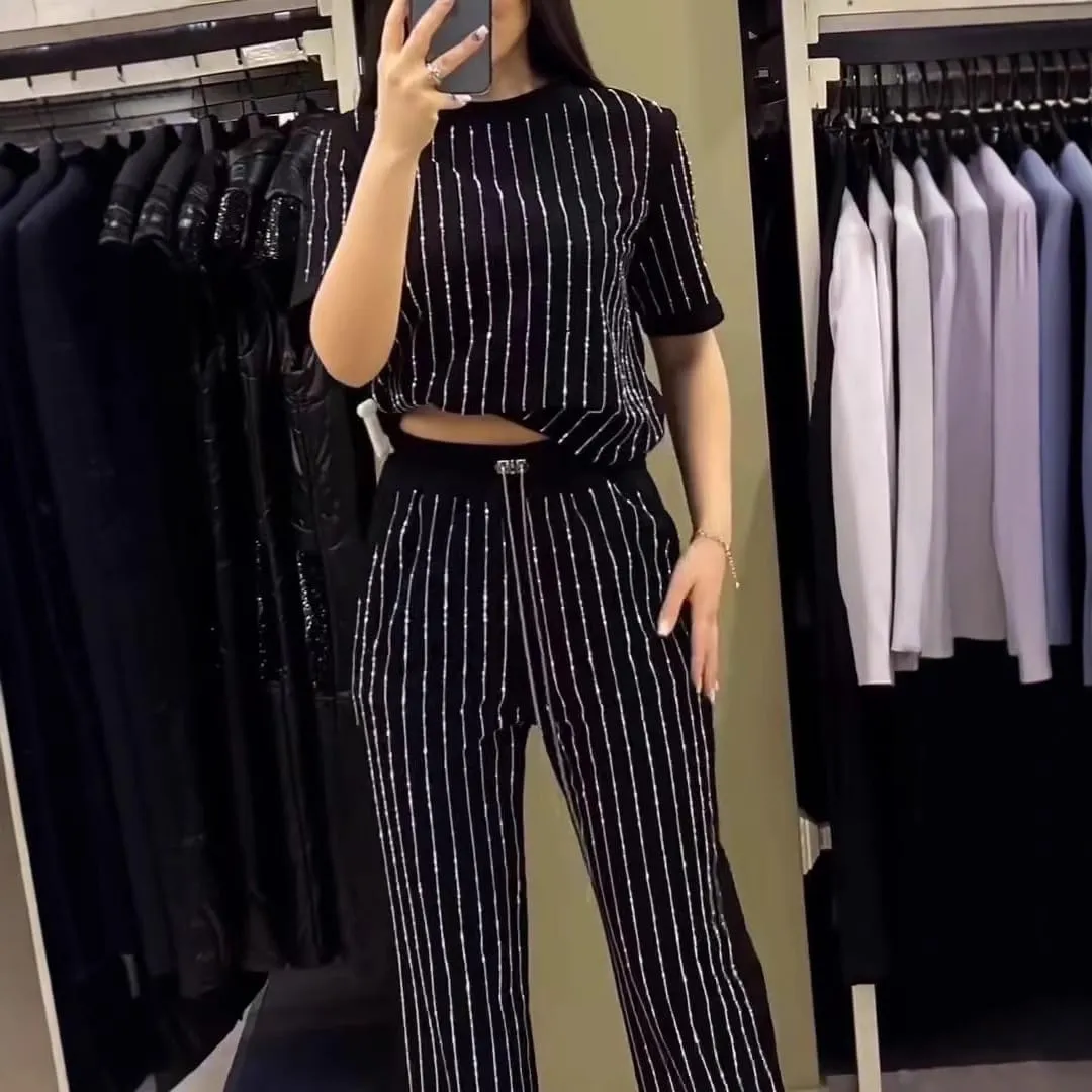Women's Casual Solid Color Round Neck Hot Diamond Short Sleeve Two-piece Suit,2 Piece Wide Leg Pants Set for Women