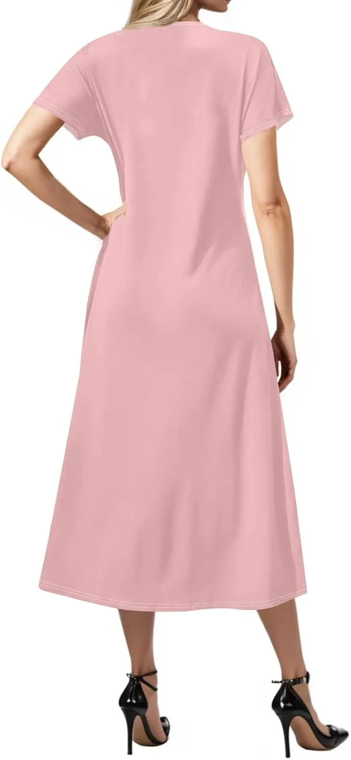 Women's Casual V-Neck Maxi Short Sleeve Loose Fit Long Dress with Pockets for Summer Beach or Daily Wear
