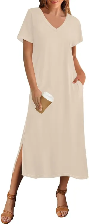 Women's Casual V-Neck Maxi Short Sleeve Loose Fit Long Dress with Pockets for Summer Beach or Daily Wear