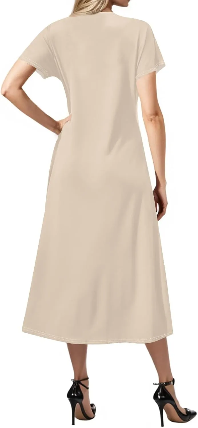 Women's Casual V-Neck Maxi Short Sleeve Loose Fit Long Dress with Pockets for Summer Beach or Daily Wear