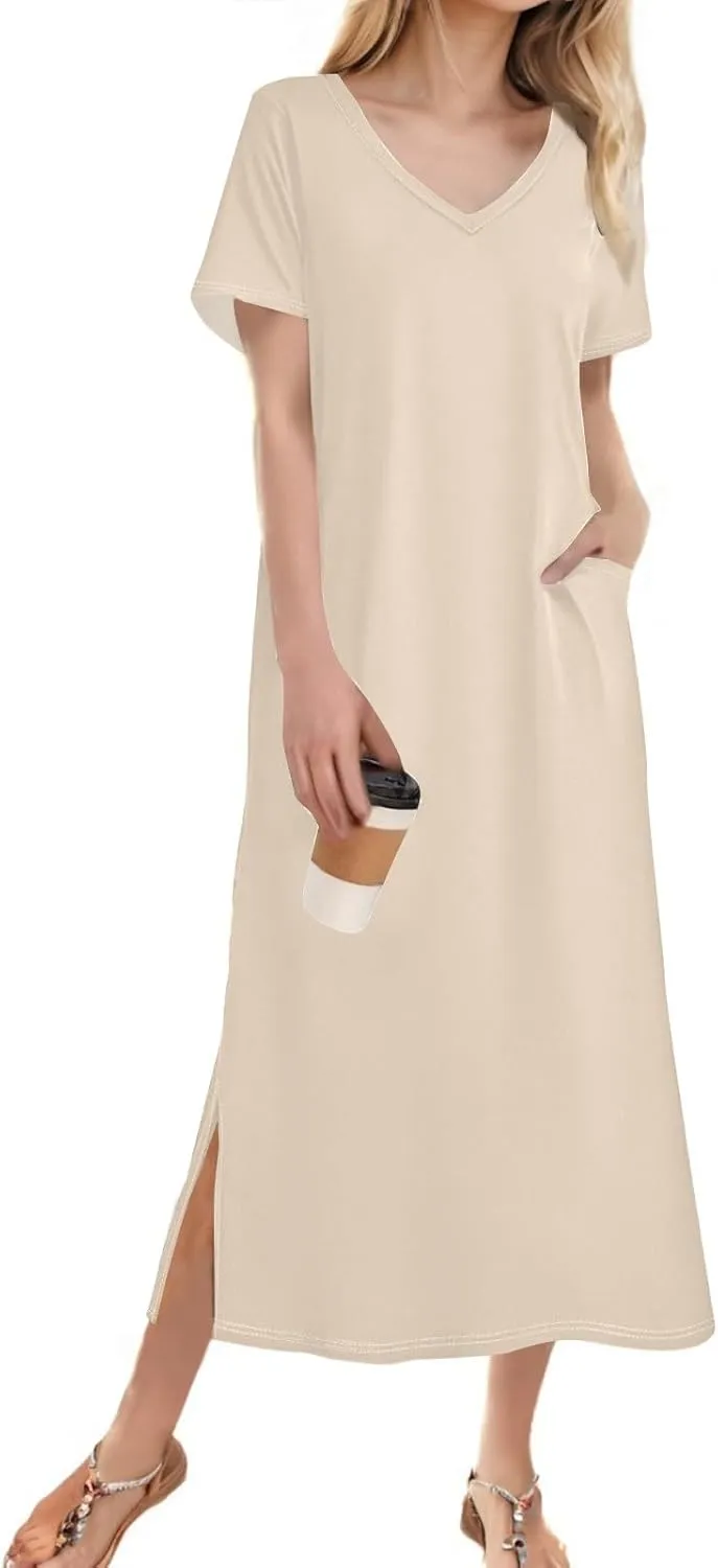 Women's Casual V-Neck Maxi Short Sleeve Loose Fit Long Dress with Pockets for Summer Beach or Daily Wear
