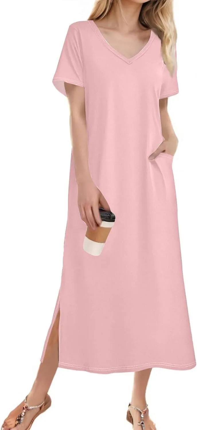 Women's Casual V-Neck Maxi Short Sleeve Loose Fit Long Dress with Pockets for Summer Beach or Daily Wear