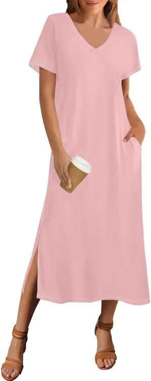 Women's Casual V-Neck Maxi Short Sleeve Loose Fit Long Dress with Pockets for Summer Beach or Daily Wear