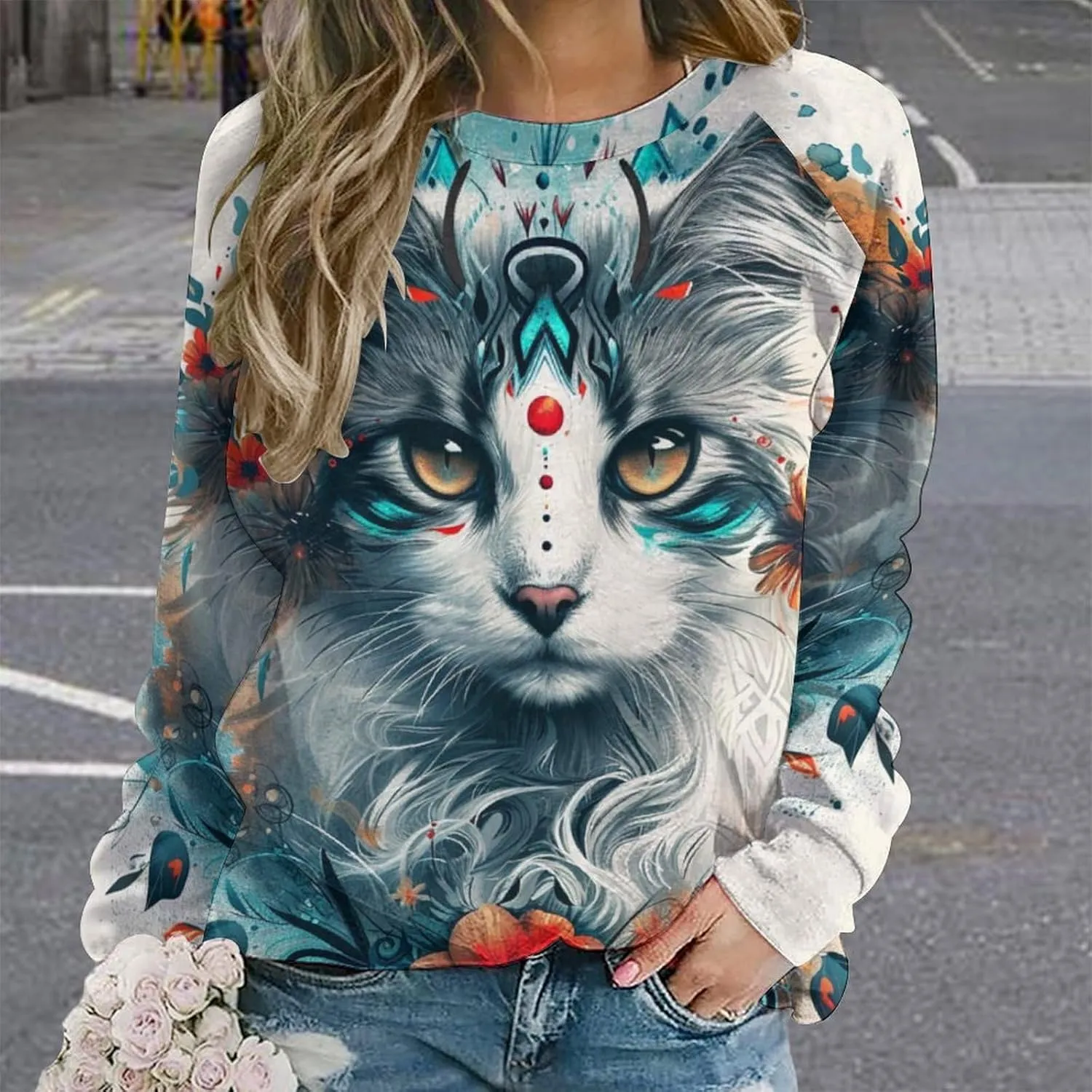 Womens Cat Sweatshirts Cute Graphic Printed Long Sleeve Crewneck Pullover Shirts Cat Lovers Tunic Tops for Girls
