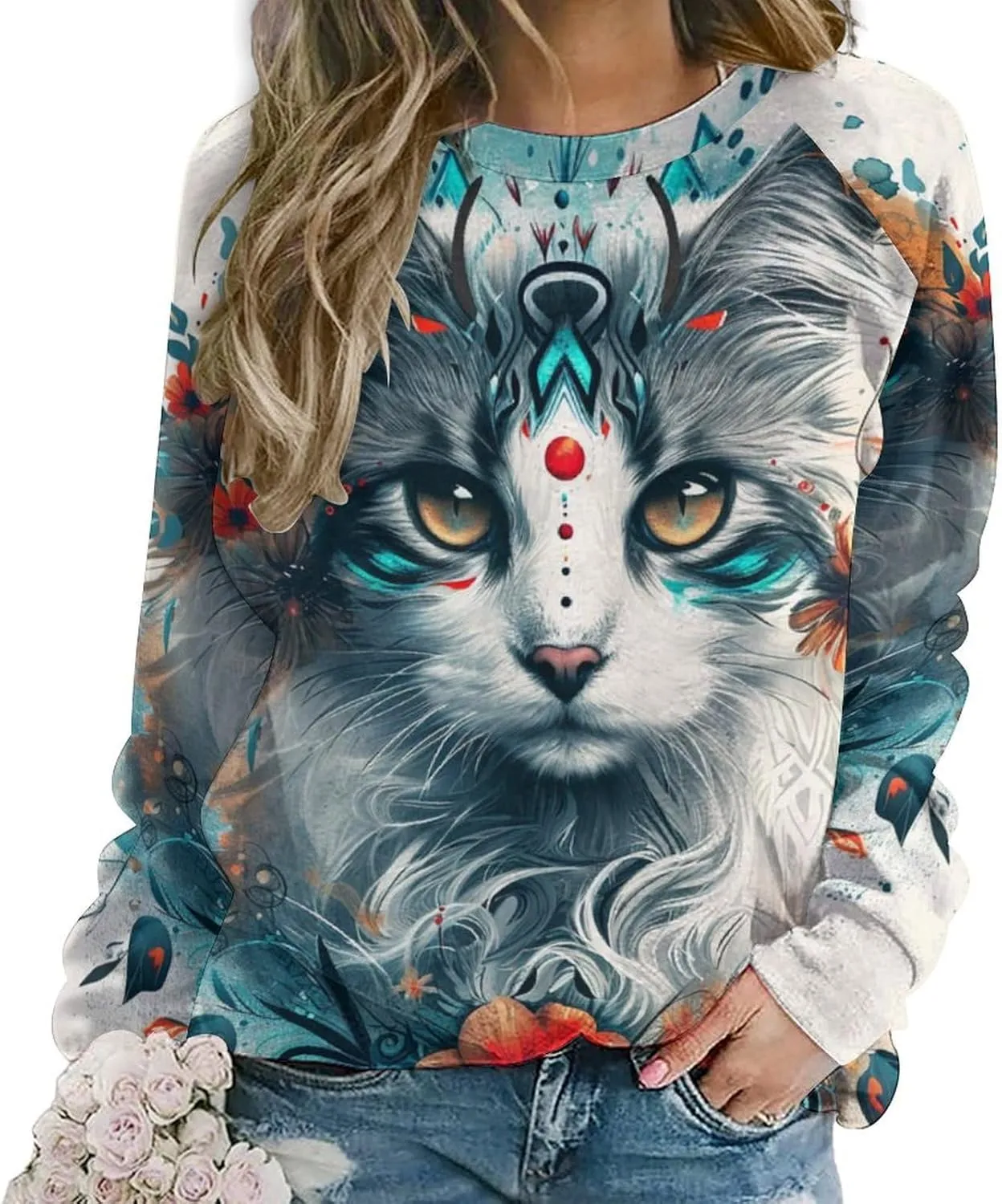 Womens Cat Sweatshirts Cute Graphic Printed Long Sleeve Crewneck Pullover Shirts Cat Lovers Tunic Tops for Girls