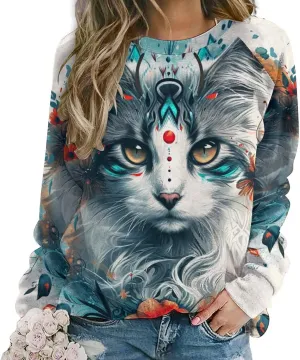Womens Cat Sweatshirts Cute Graphic Printed Long Sleeve Crewneck Pullover Shirts Cat Lovers Tunic Tops for Girls