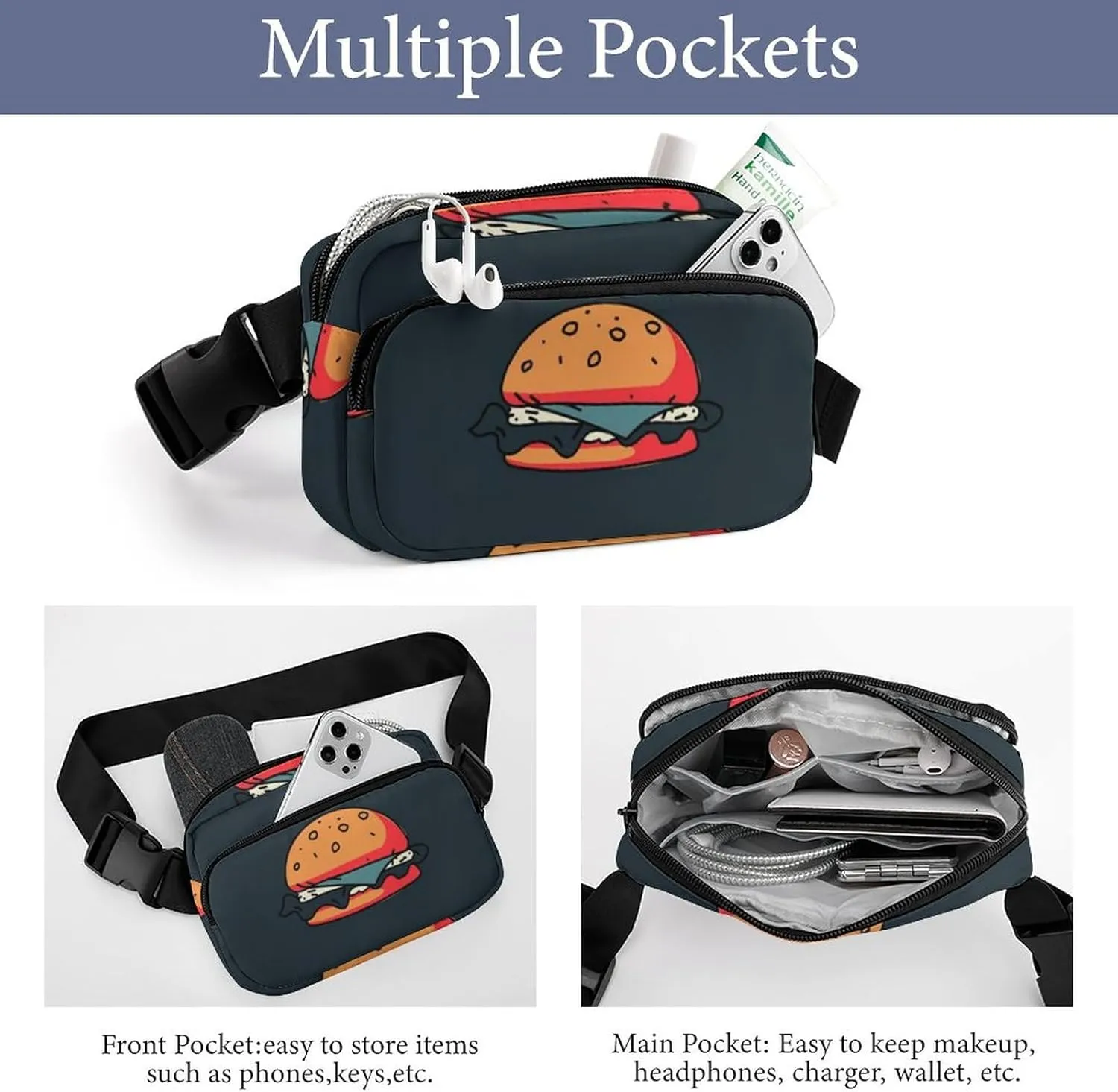 Womens Compact Sports Fanny Pack Water-Resistant Belt Bag for Travel/Hiking, Compatible with Hamburger Junk Food