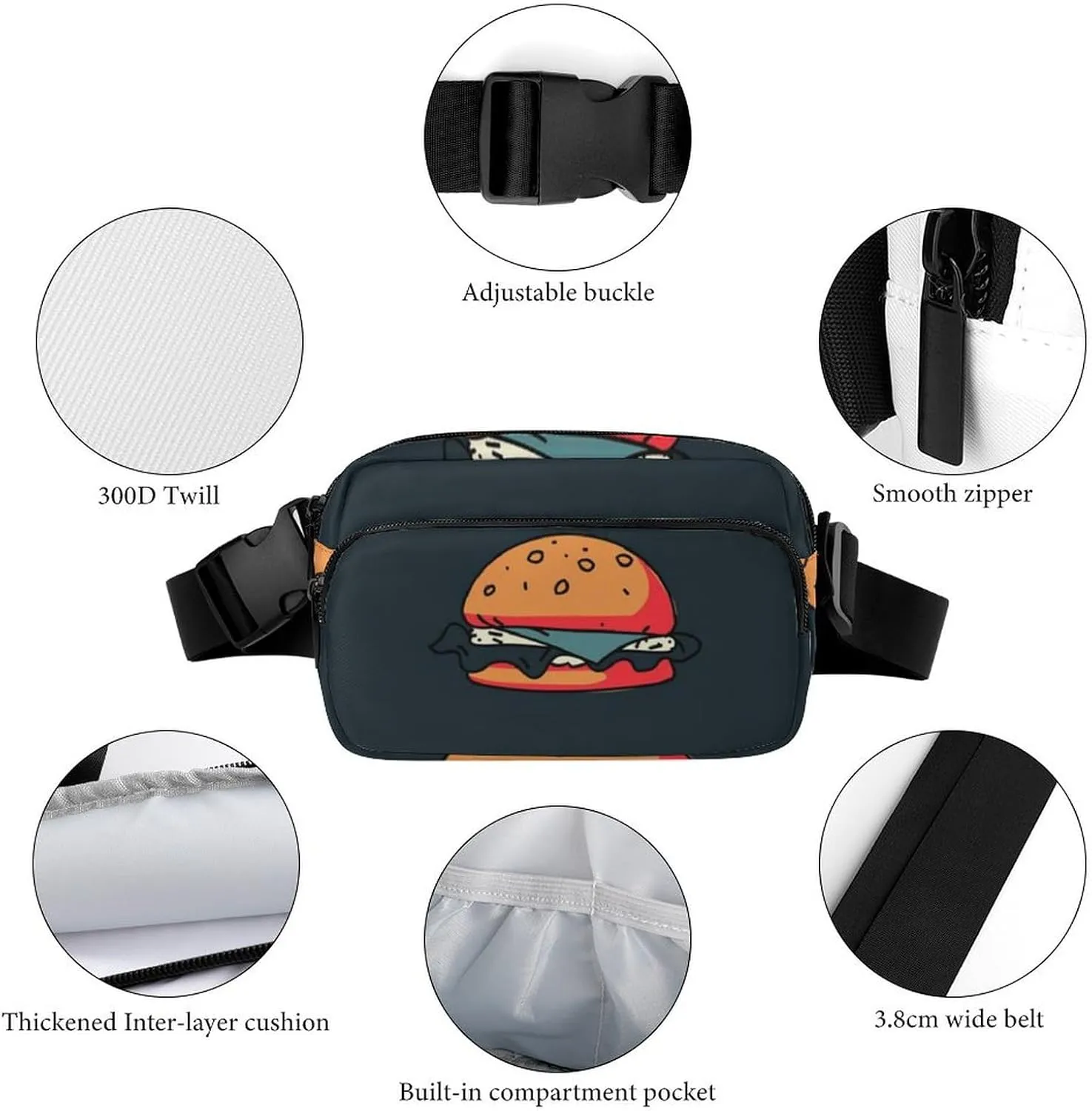 Womens Compact Sports Fanny Pack Water-Resistant Belt Bag for Travel/Hiking, Compatible with Hamburger Junk Food