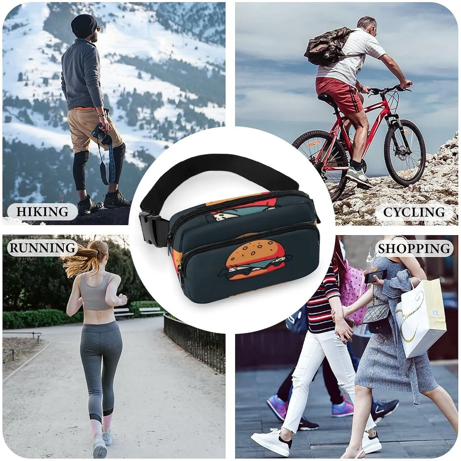 Womens Compact Sports Fanny Pack Water-Resistant Belt Bag for Travel/Hiking, Compatible with Hamburger Junk Food