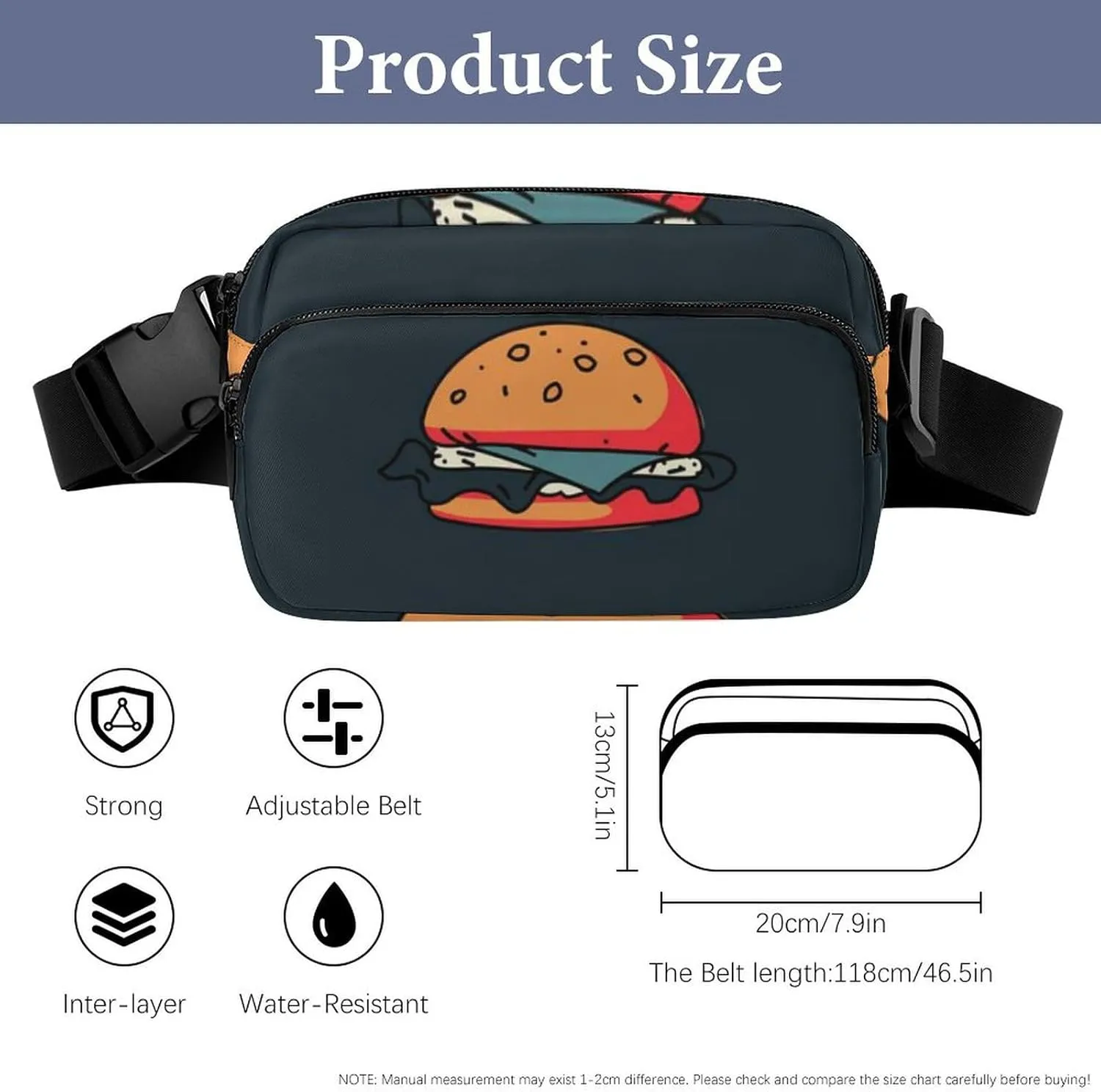Womens Compact Sports Fanny Pack Water-Resistant Belt Bag for Travel/Hiking, Compatible with Hamburger Junk Food