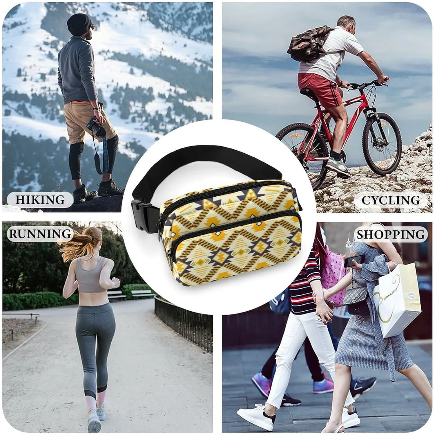 Womens Compact Sports Fanny Pack Water-Resistant Belt Bag for Travel/Hiking, Compatible with Southwestern Aztec Native American Ethnic Yellow