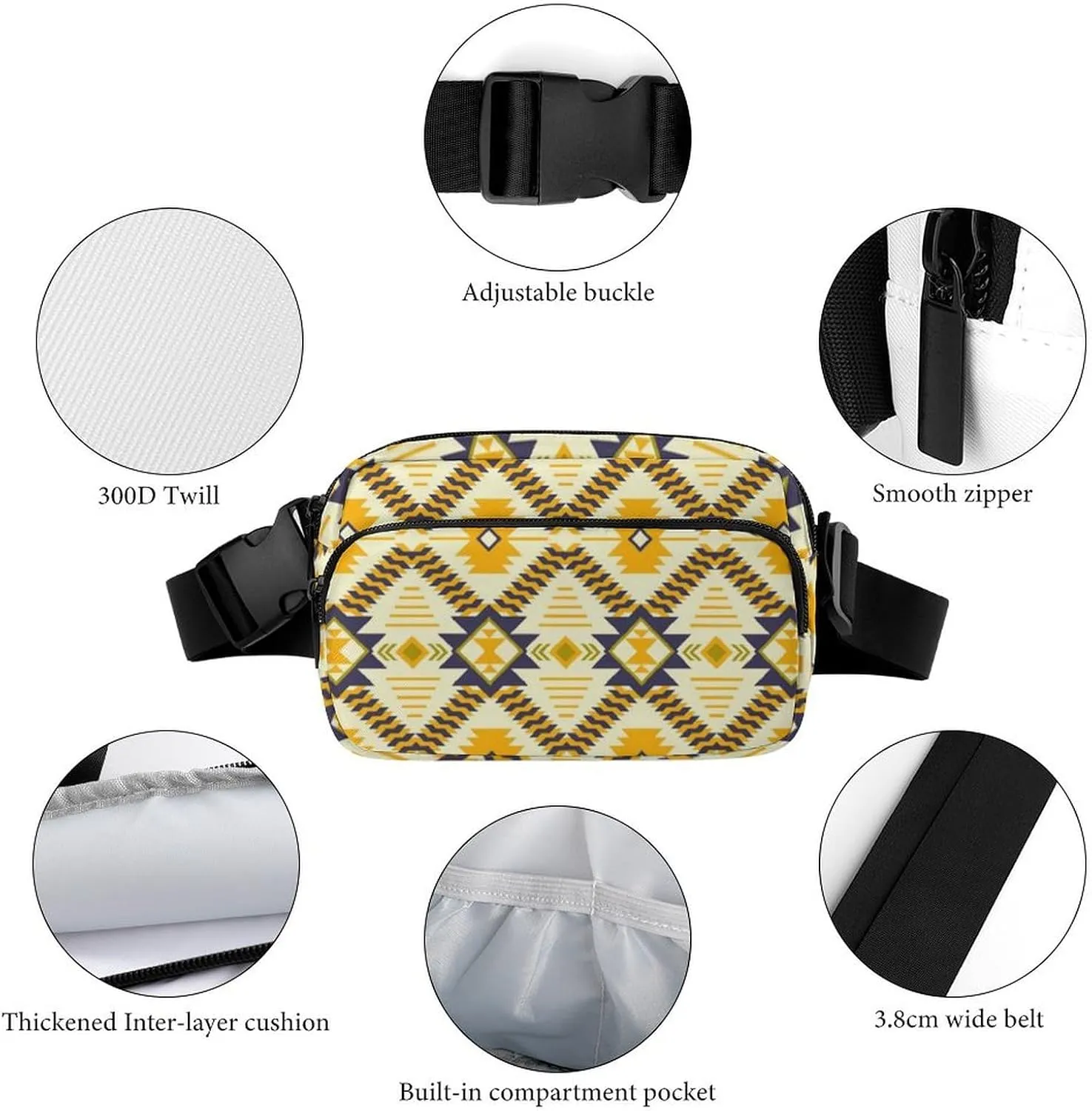 Womens Compact Sports Fanny Pack Water-Resistant Belt Bag for Travel/Hiking, Compatible with Southwestern Aztec Native American Ethnic Yellow
