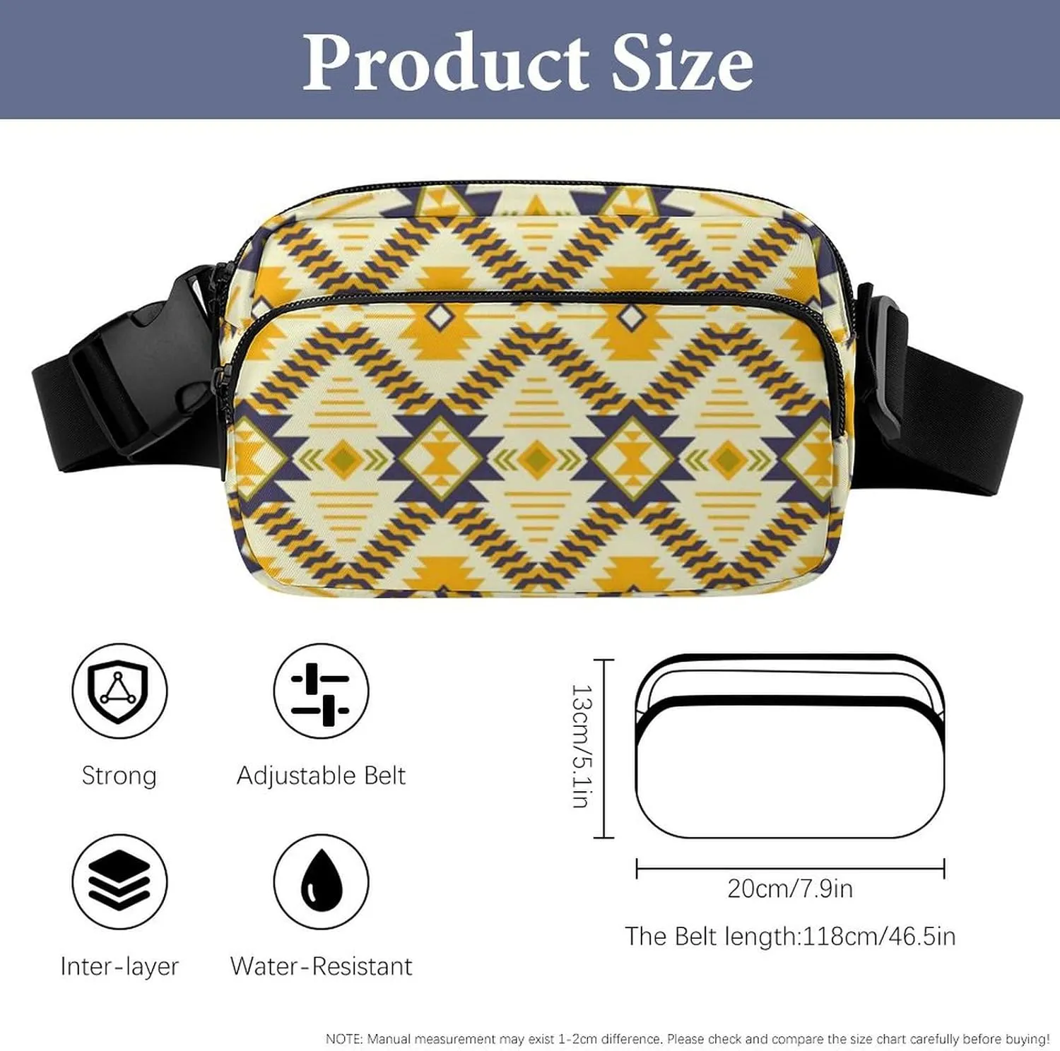 Womens Compact Sports Fanny Pack Water-Resistant Belt Bag for Travel/Hiking, Compatible with Southwestern Aztec Native American Ethnic Yellow