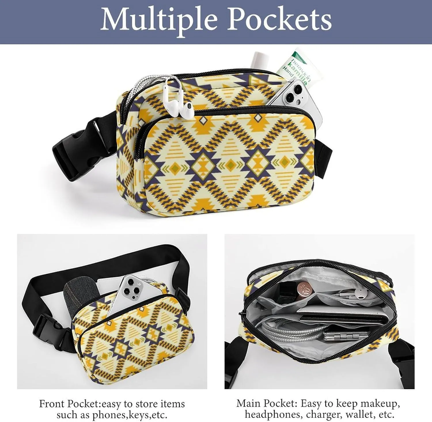 Womens Compact Sports Fanny Pack Water-Resistant Belt Bag for Travel/Hiking, Compatible with Southwestern Aztec Native American Ethnic Yellow