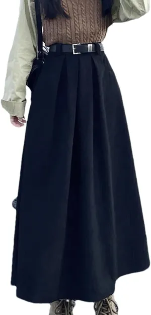 Women's Corduroy High Waist Ruffle Pleated Midi Skirt - Vintage Belted Casual Daily Wear