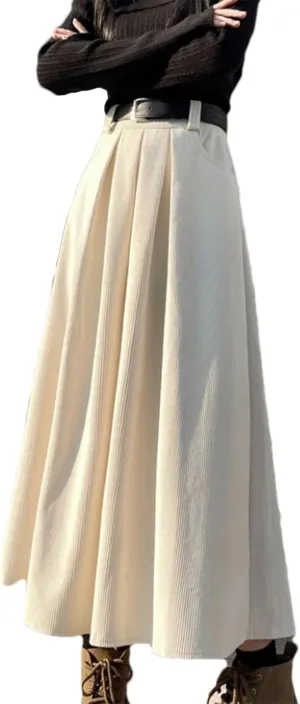 Women's Corduroy High Waist Ruffle Pleated Midi Skirt - Vintage Belted Casual Daily Wear