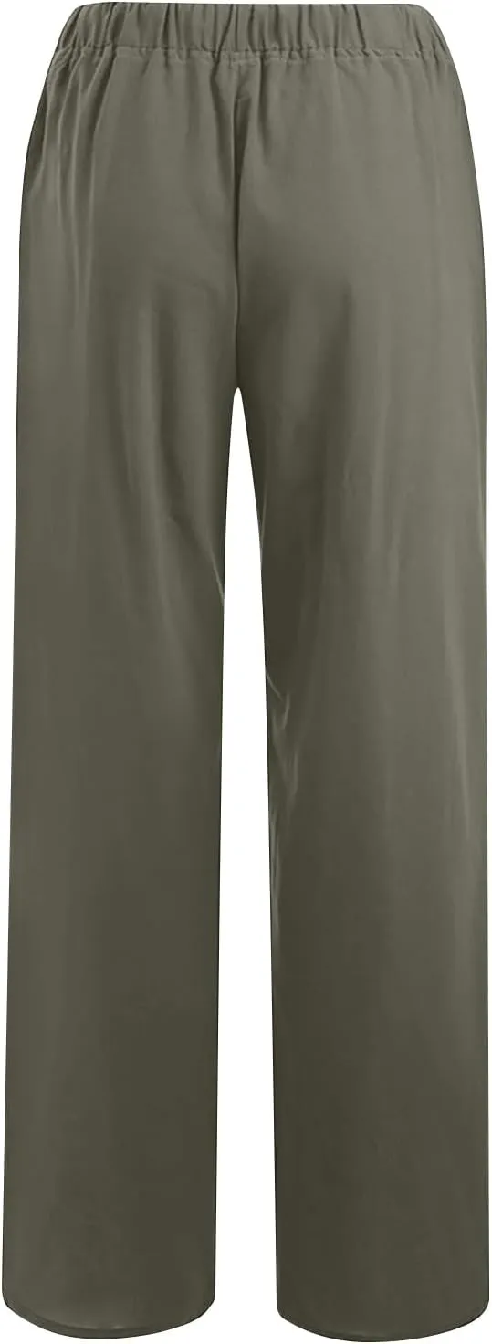 Women's Cotton Linen Pants Straight Leg Elastic Waist Comfy Loose Pockets Summer Daily Wear Lounge Pants Casual 2025