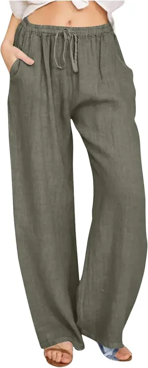 Women's Cotton Linen Pants Straight Leg Elastic Waist Comfy Loose Pockets Summer Daily Wear Lounge Pants Casual 2025