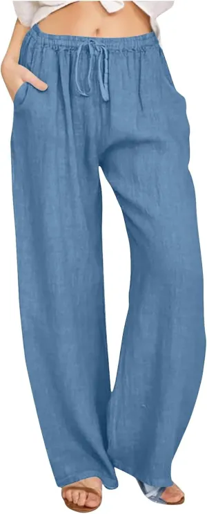 Women's Cotton Linen Pants Straight Leg Elastic Waist Comfy Loose Pockets Summer Daily Wear Lounge Pants Casual 2025